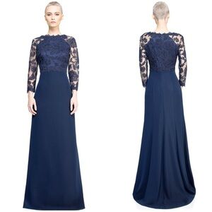TADASHI SHOJI ART2132LX PEONY LACE ROYAL NAVY EMBROIDERED STRETCH CREPE GOWN